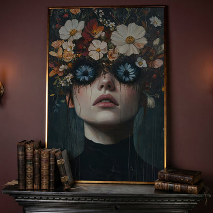 Gothic Floral Eyes Woman Canvas Print in rose gold floating frame