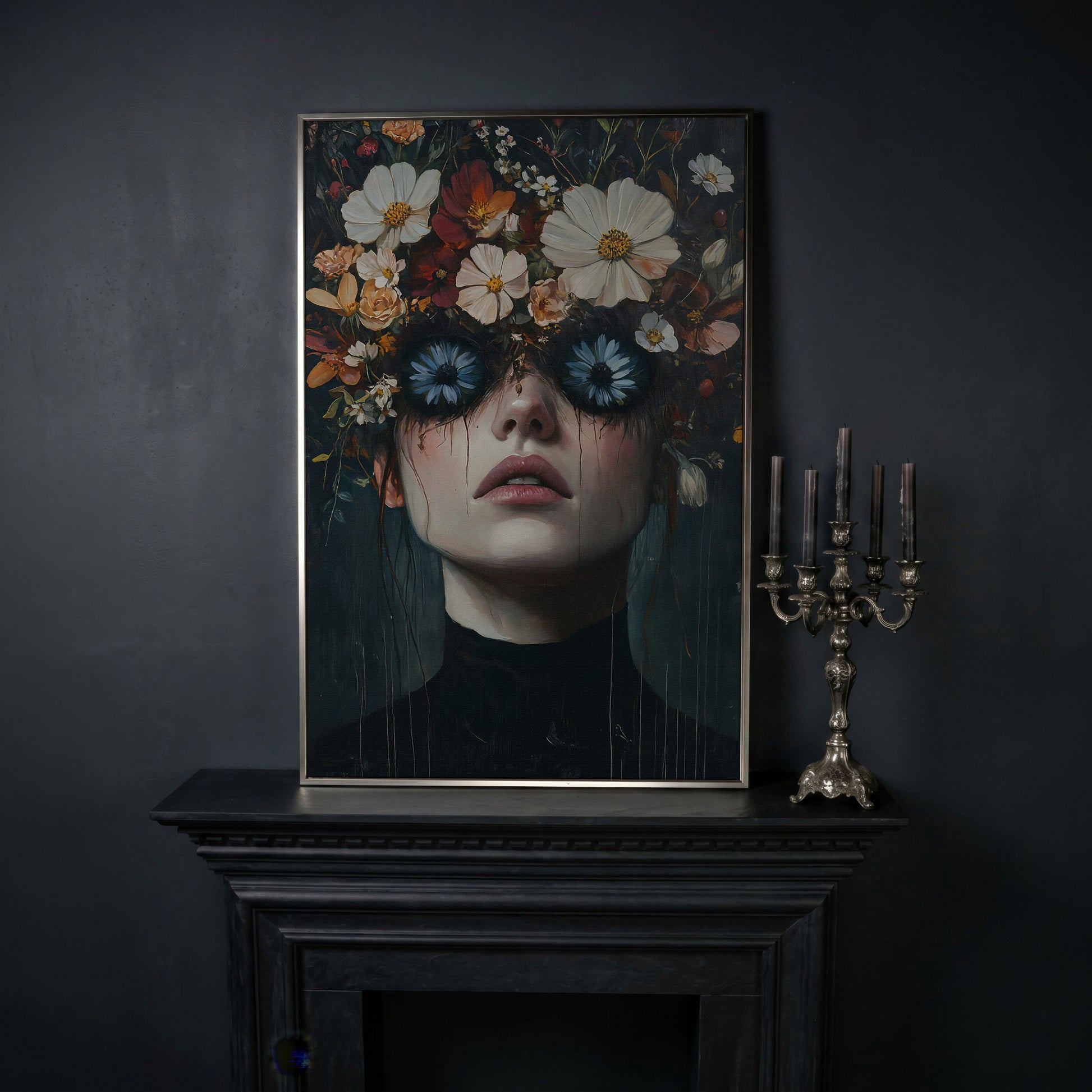 Gothic Floral Eyes Woman Canvas Print in silver floating frame