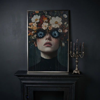 Gothic Floral Eyes Woman Canvas Print in silver floating frame