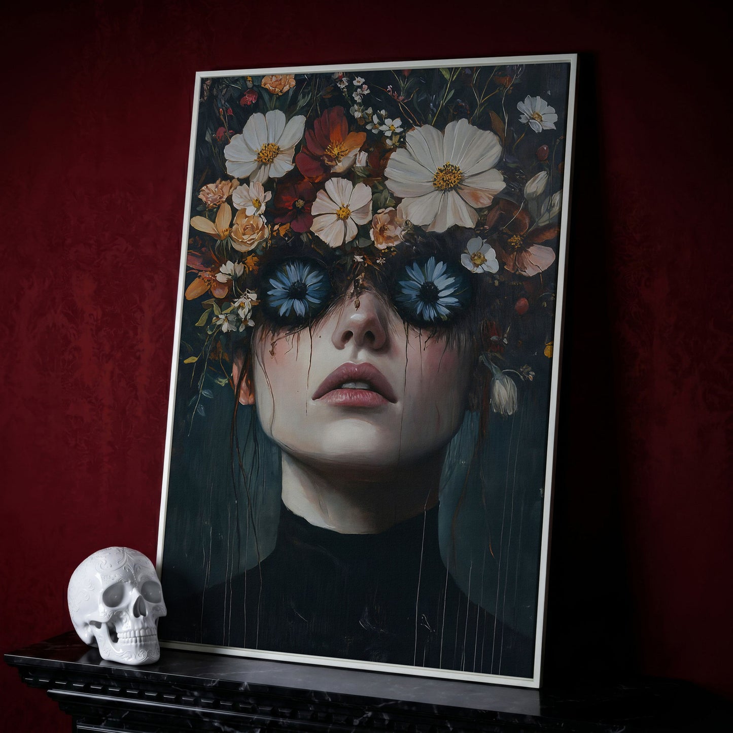 Gothic Floral Eyes Woman Canvas Print in white floating frame