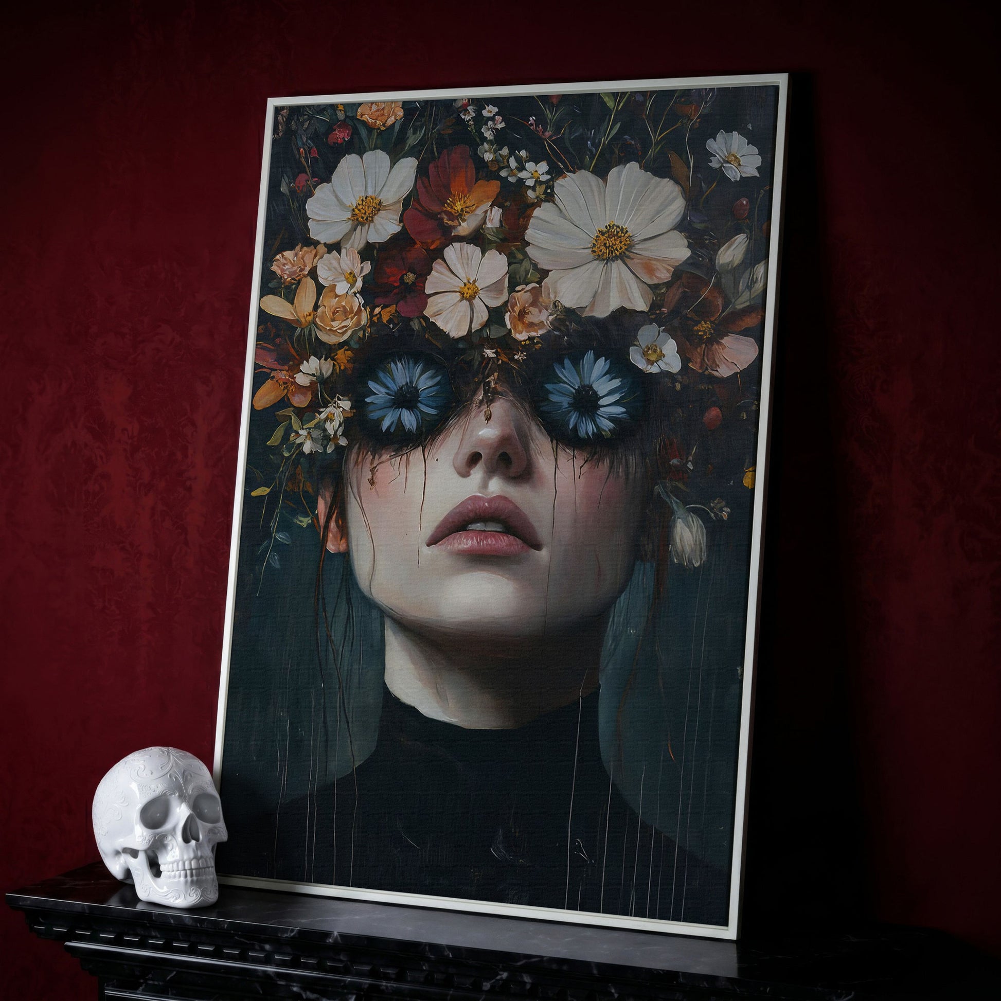 Gothic Floral Eyes Woman Canvas Print in white floating frame