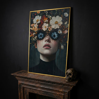 Gothic Floral Eyes Woman Canvas Print in yellow gold floating frame