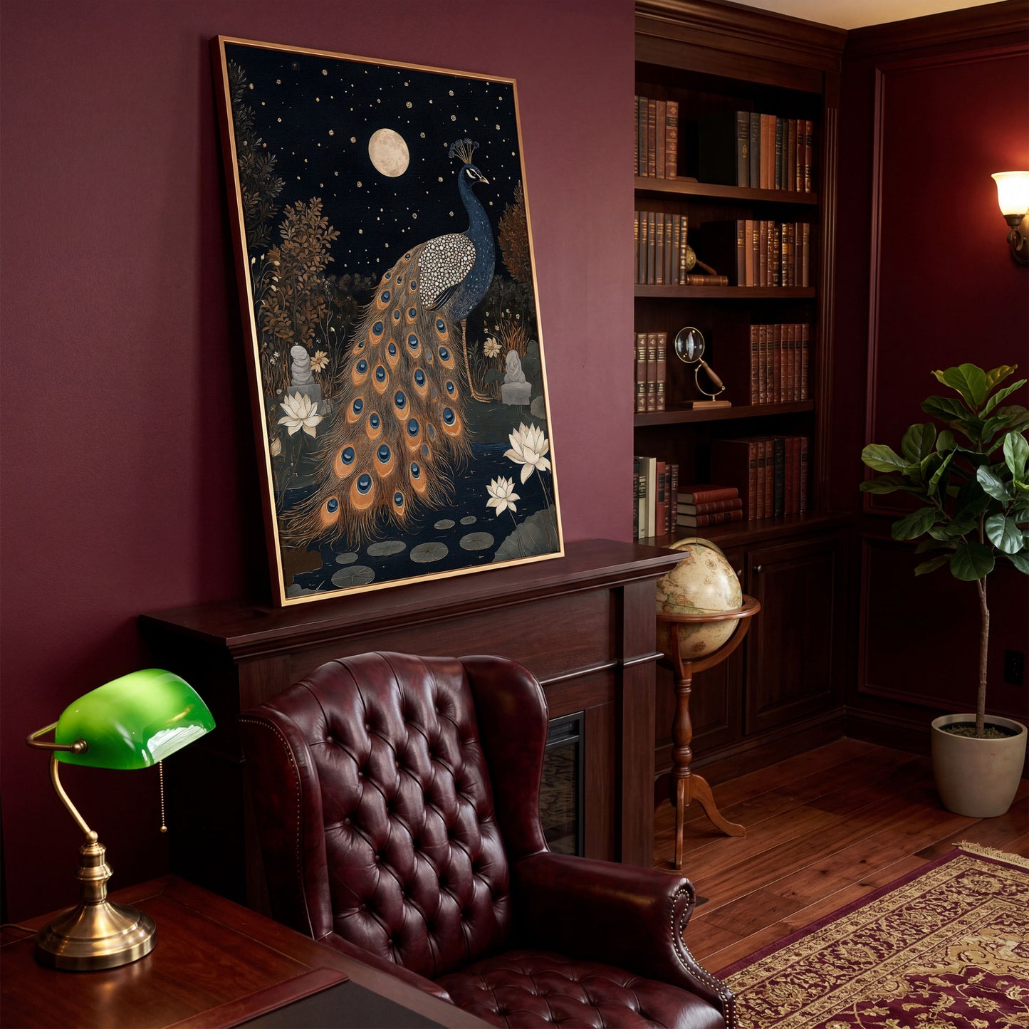 Mysterious Peacock with Moon and Stars Canvas in antique gold floating frame