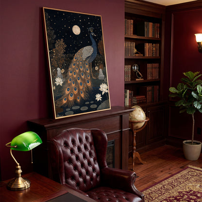 Mysterious Peacock with Moon and Stars Canvas in antique gold floating frame