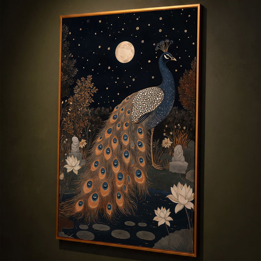 Mysterious Peacock with Moon and Stars Canvas shown in antique gold floating frame