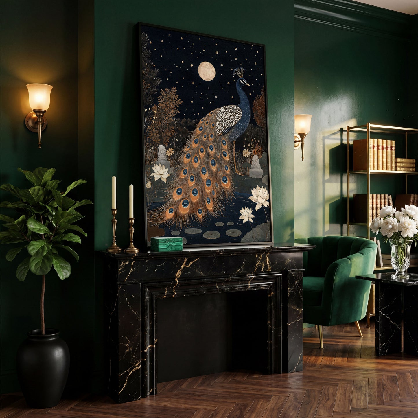Mysterious Peacock with Moon and Stars Canvas in black floating frame