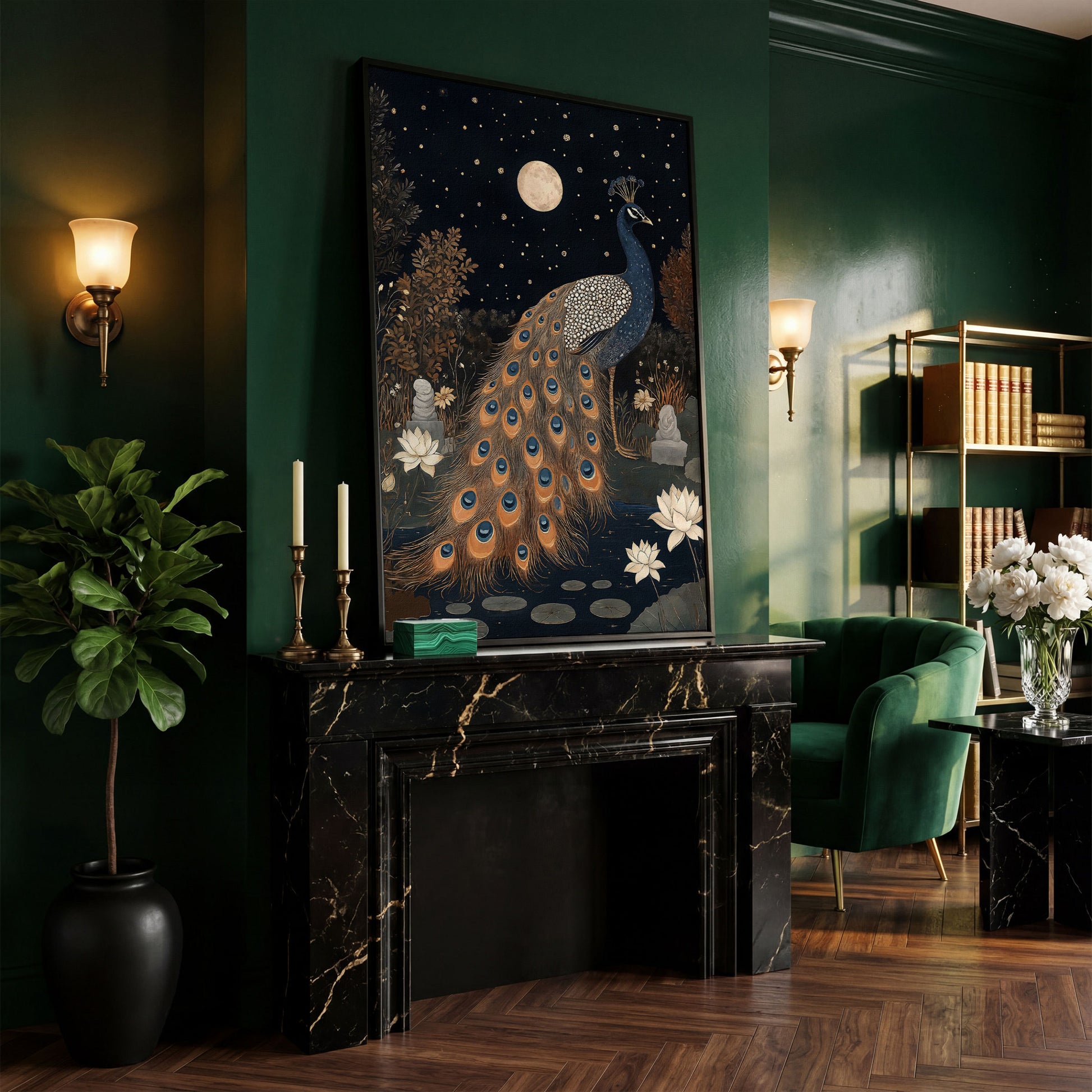 Mysterious Peacock with Moon and Stars Canvas in black floating frame