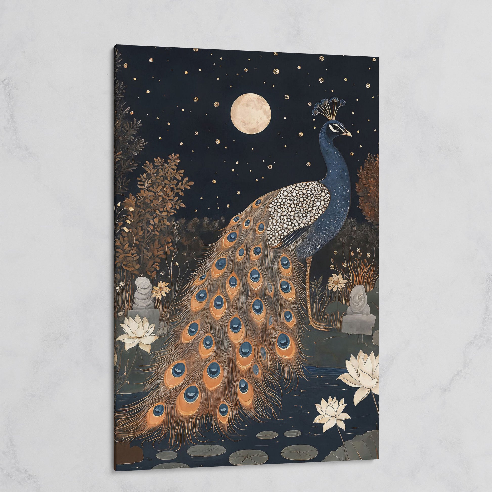 Mysterious Peacock with Moon and Stars Canvas on gallery wrap