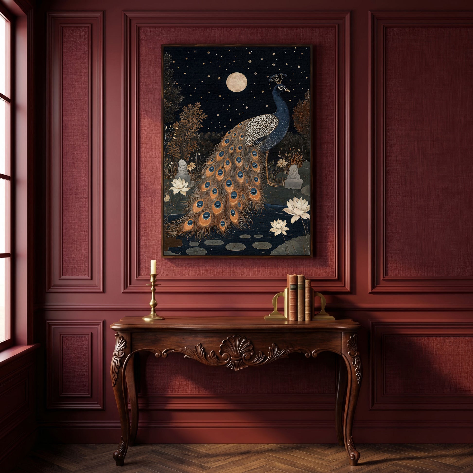 Mysterious Peacock with Moon and Stars Canvas in dark walnut floating frame