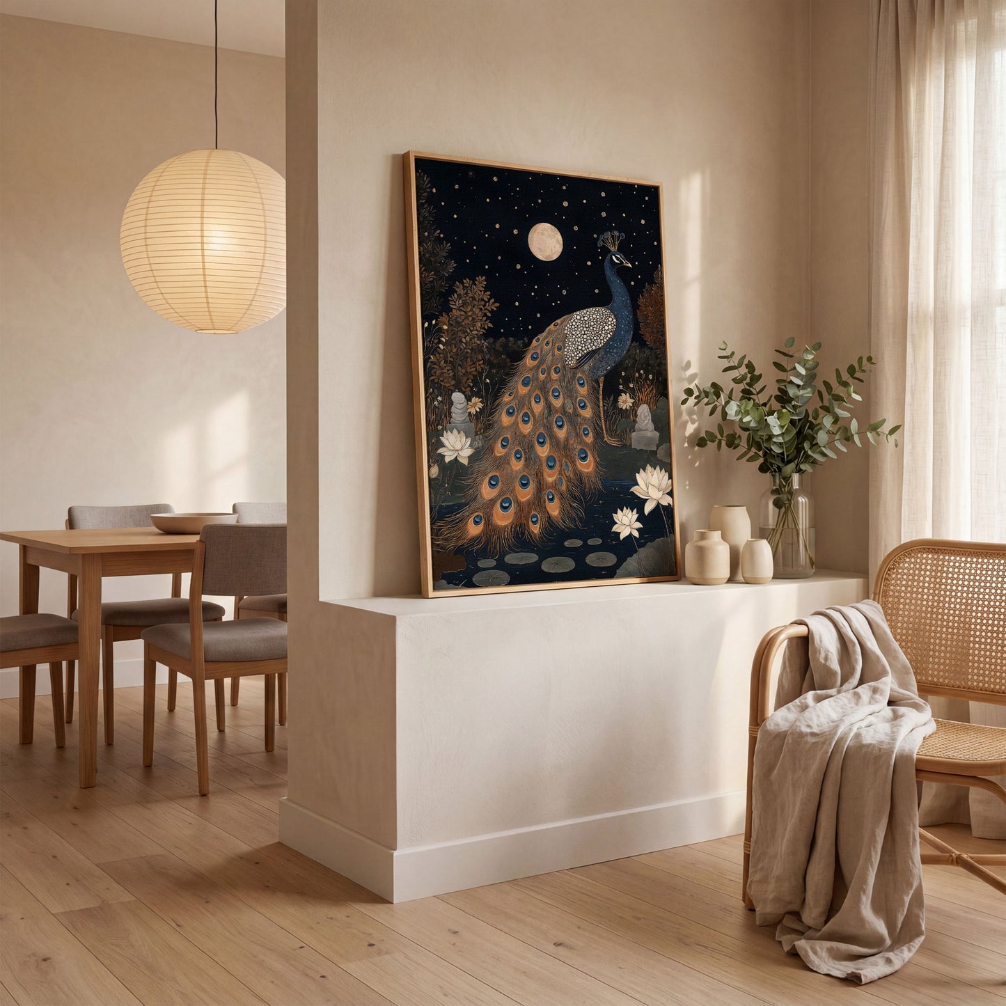 Mysterious Peacock with Moon and Stars Canvas in white oak floating frame