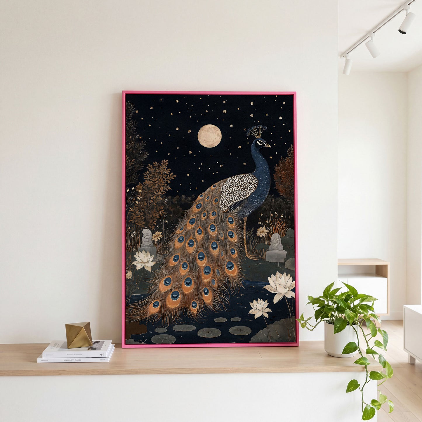 Mysterious Peacock with Moon and Stars Canvas in pink floating frame