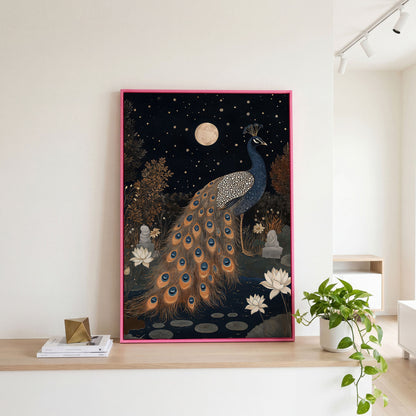 Mysterious Peacock with Moon and Stars Canvas in pink floating frame