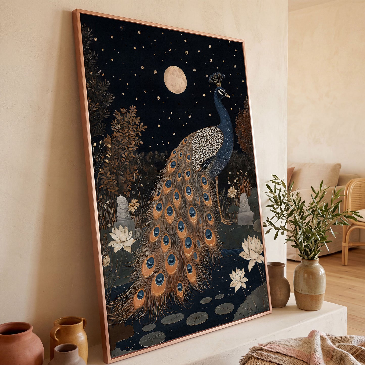 Mysterious Peacock with Moon and Stars Canvas in rose gold floating frame