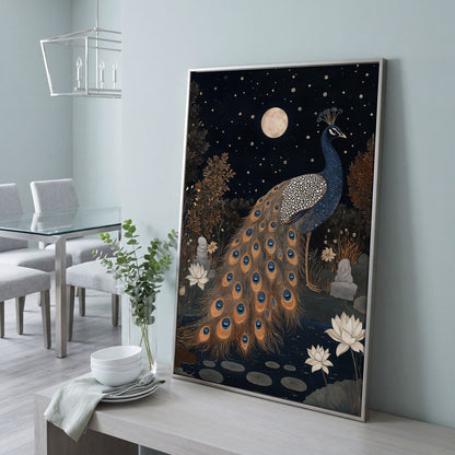 Mysterious Peacock with Moon and Stars Canvas in silver floating frame