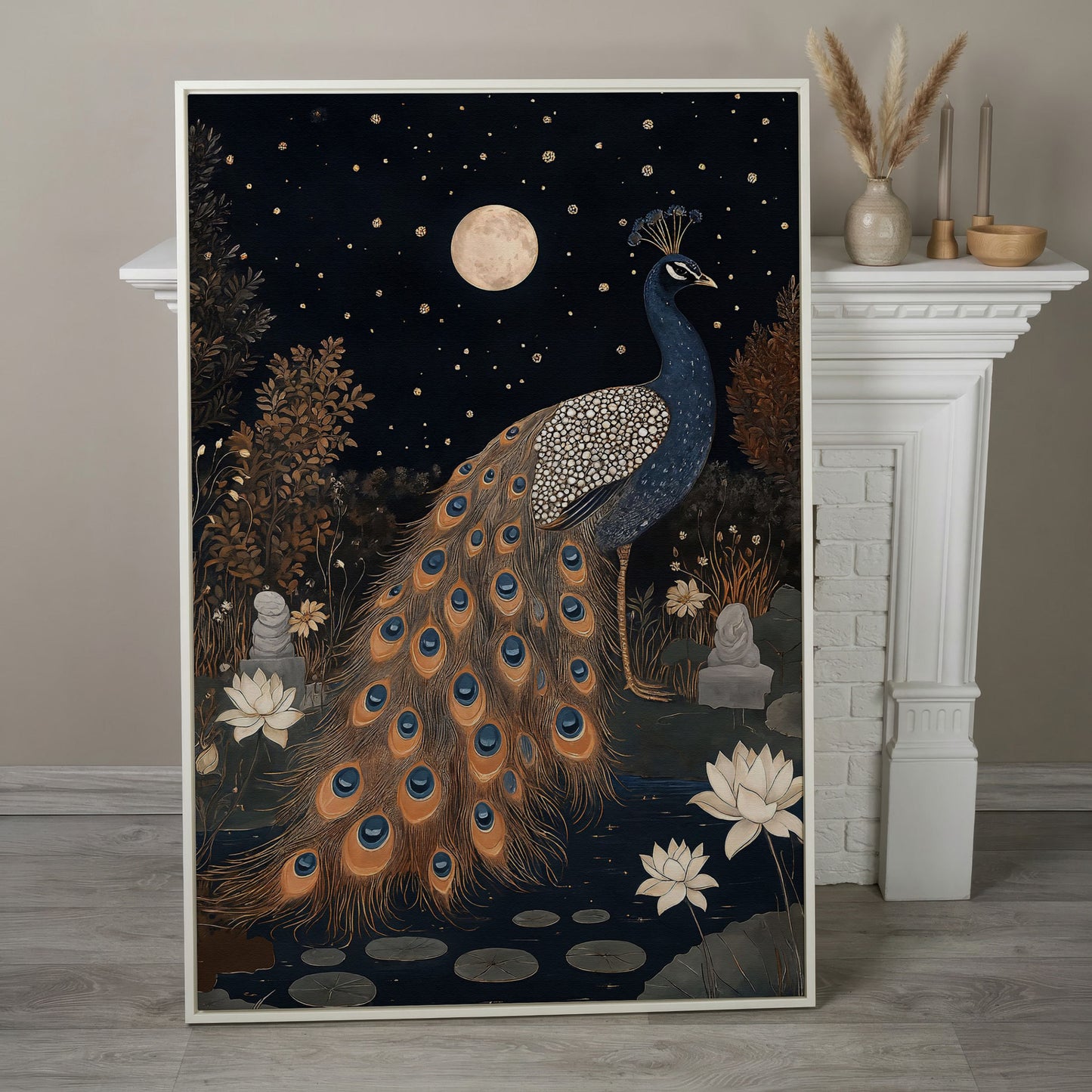 Mysterious Peacock with Moon and Stars Canvas in white floating frame