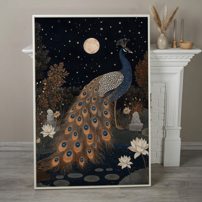 Mysterious Peacock with Moon and Stars Canvas in white floating frame