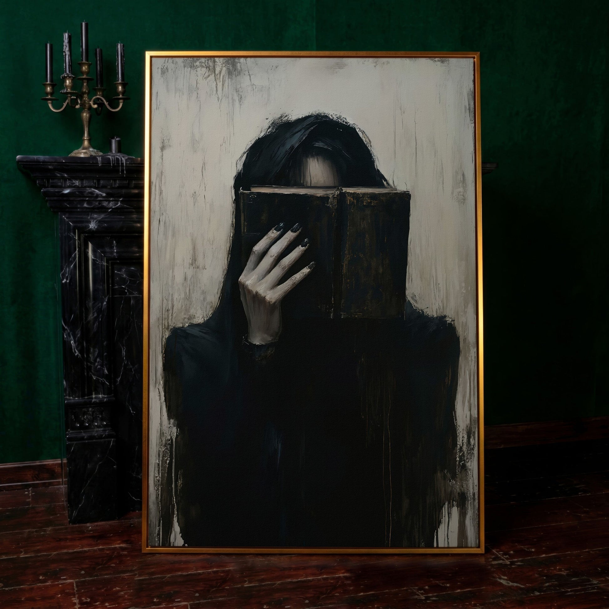 Gothic Girl with Old Book Canvas Wall Art, Dark Academic Decor in antique gold floating frame