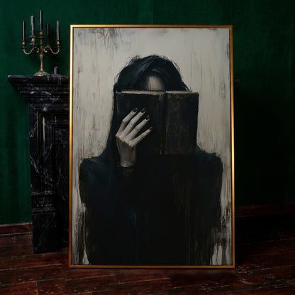 Gothic Girl with Old Book Canvas Wall Art, Dark Academic Decor in antique gold floating frame