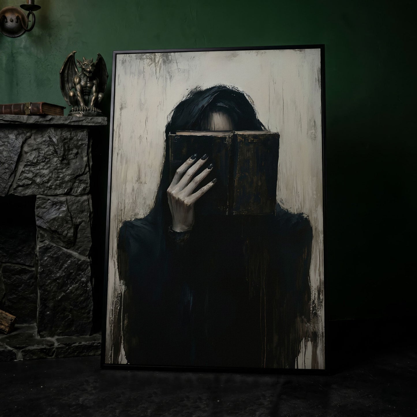 Gothic Girl with Old Book Canvas Wall Art, Dark Academic Decor in black floating frame