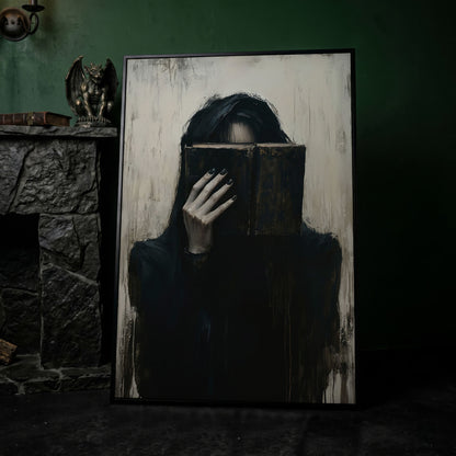 Gothic Girl with Old Book Canvas Wall Art, Dark Academic Decor in black floating frame