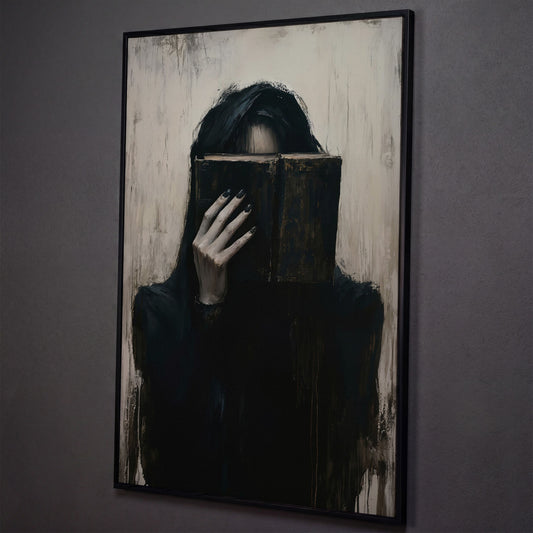 Gothic Girl with Old Book Canvas Wall Art, Dark Academic Decor shown in black floating frame