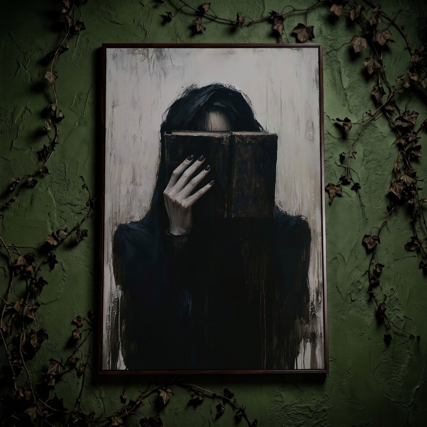 Gothic Girl with Old Book Canvas Wall Art, Dark Academic Decor in dark walnut floating frame