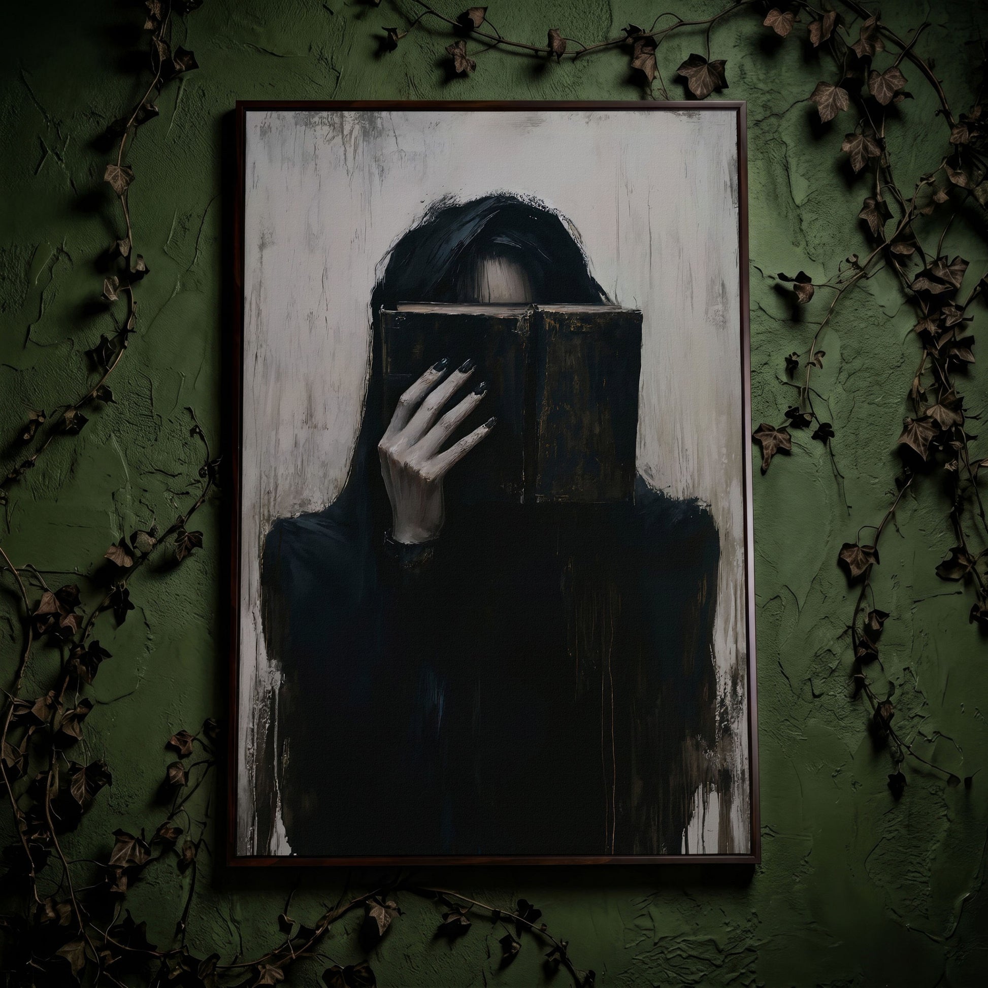 Gothic Girl with Old Book Canvas Wall Art, Dark Academic Decor in dark walnut floating frame