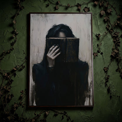 Gothic Girl with Old Book Canvas Wall Art, Dark Academic Decor in dark walnut floating frame