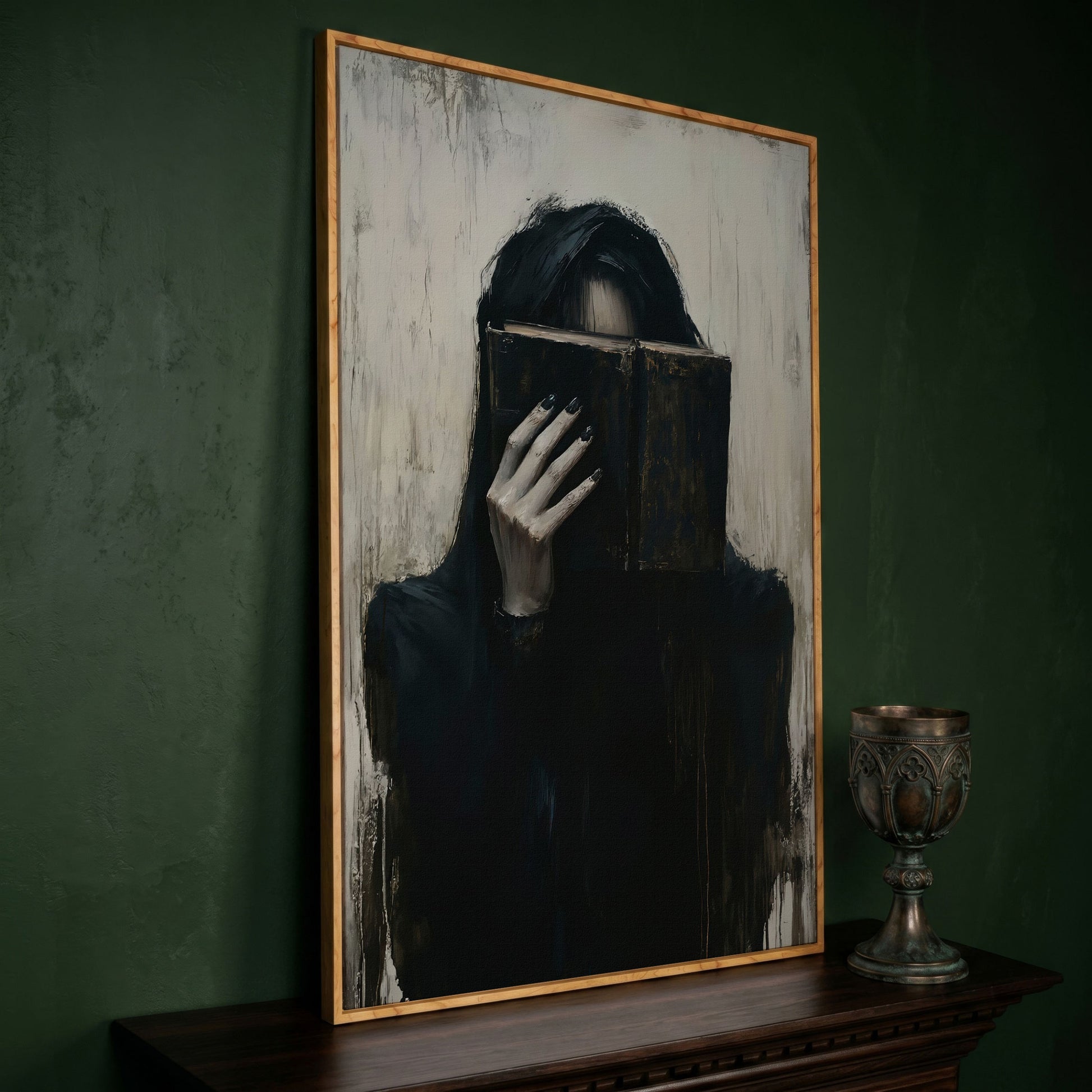 Gothic Girl with Old Book Canvas Wall Art, Dark Academic Decor in white oak floating frame
