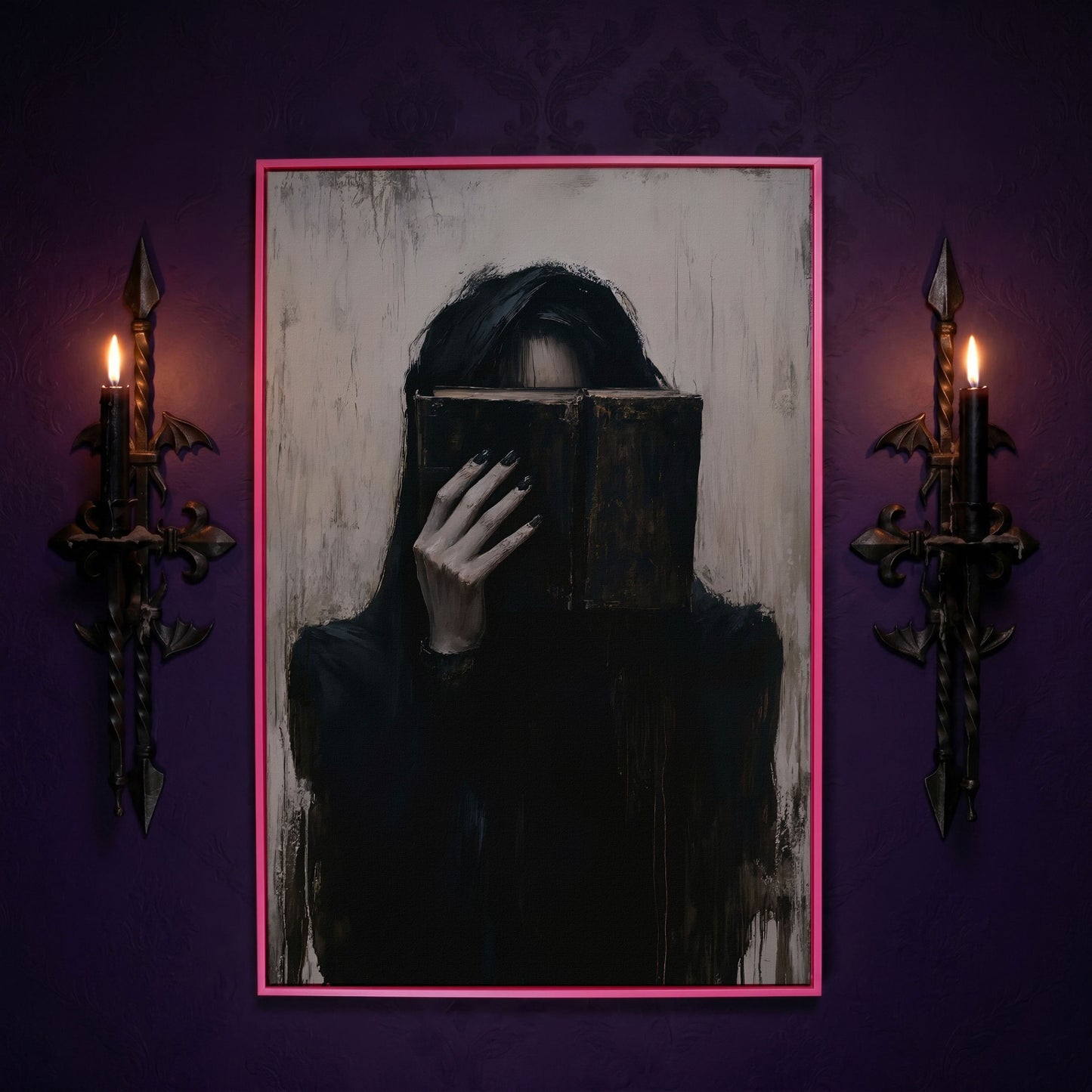 Gothic Girl with Old Book Canvas Wall Art, Dark Academic Decor in pink floating frame