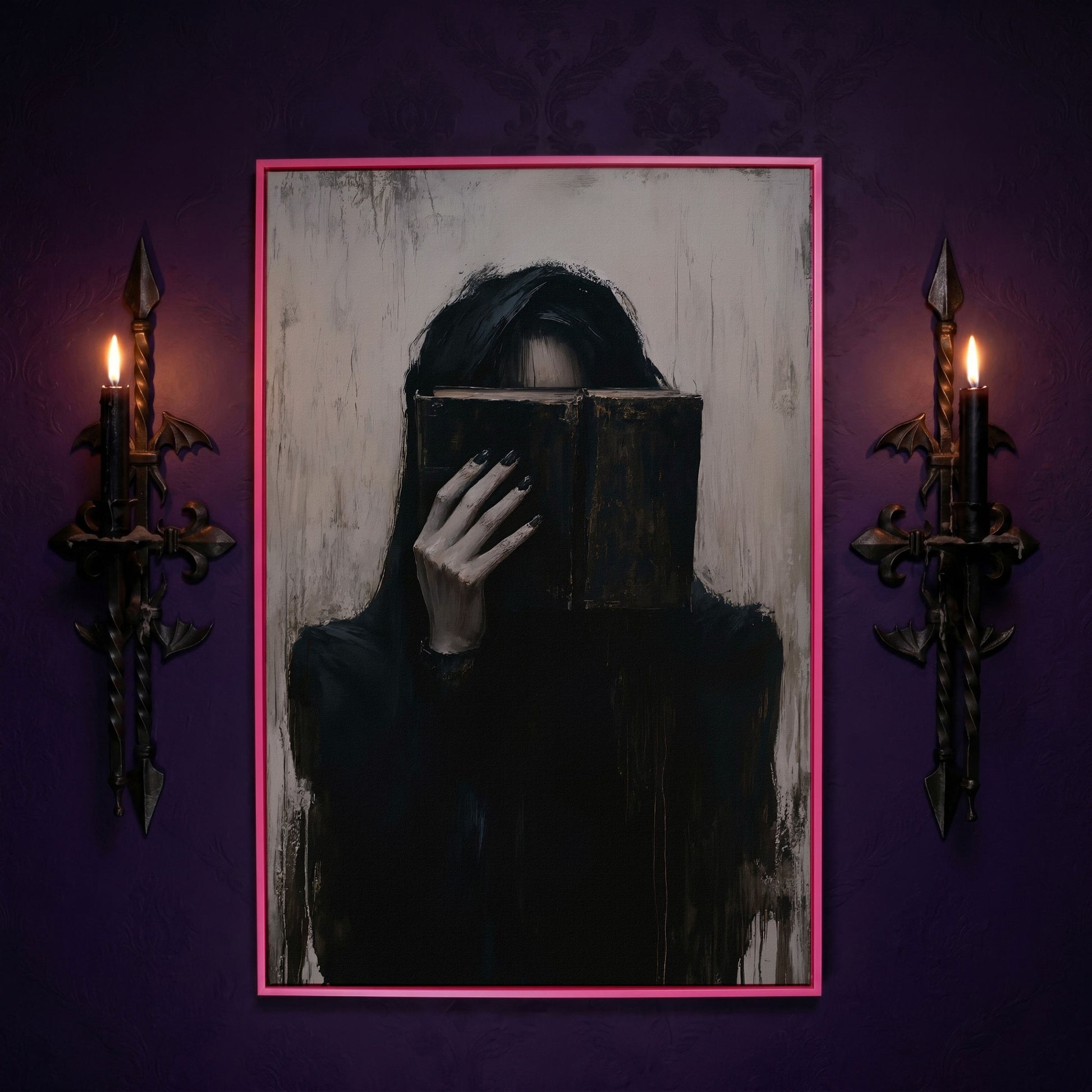 Gothic Girl with Old Book Canvas Wall Art, Dark Academic Decor in pink floating frame
