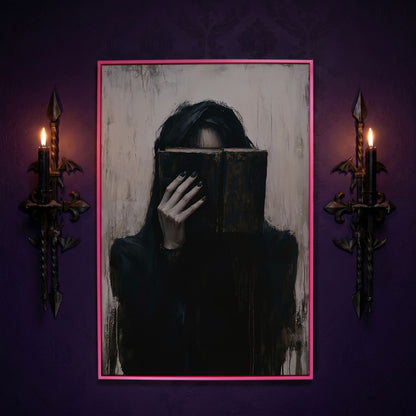 Gothic Girl with Old Book Canvas Wall Art, Dark Academic Decor in pink floating frame