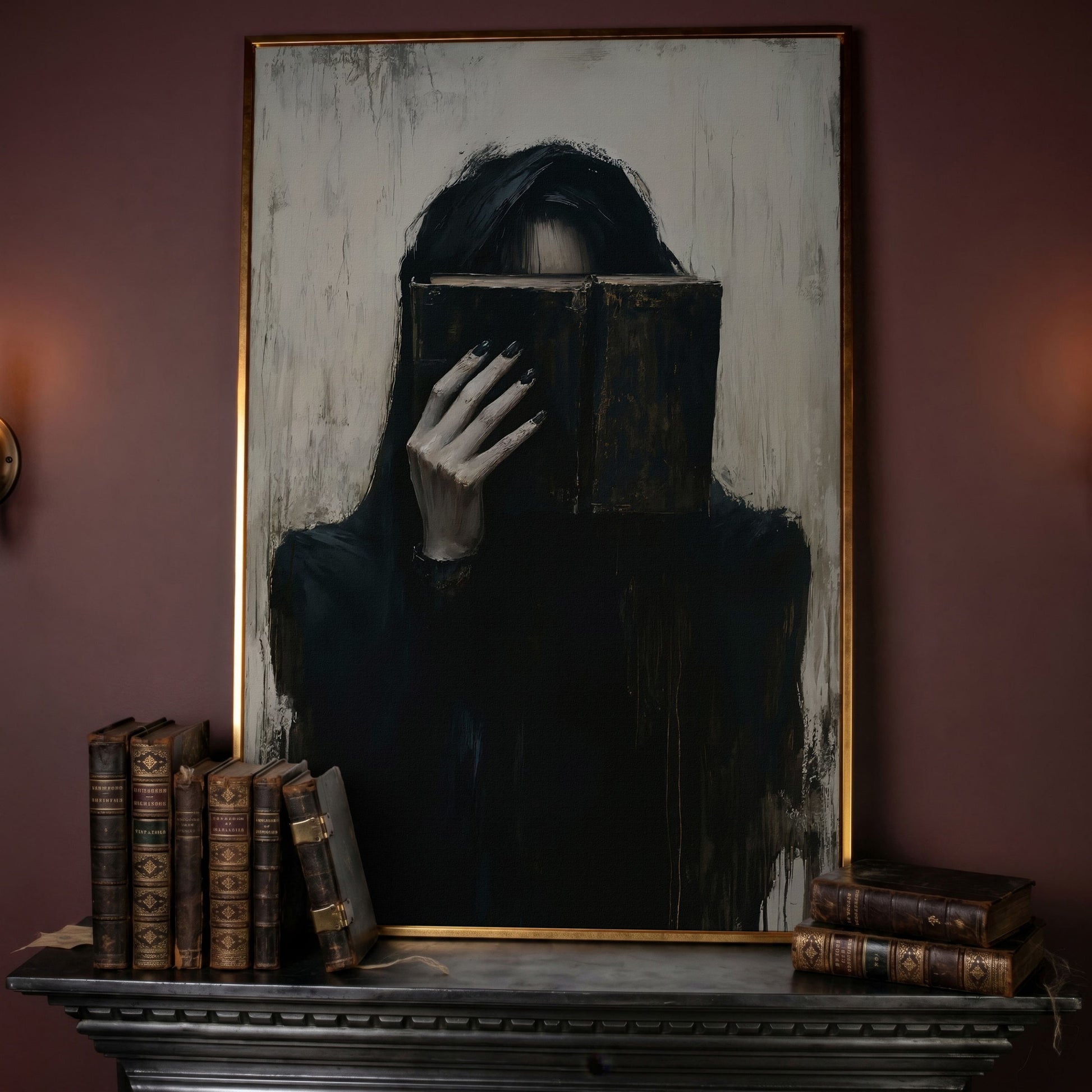 Gothic Girl with Old Book Canvas Wall Art, Dark Academic Decor in rose gold floating frame