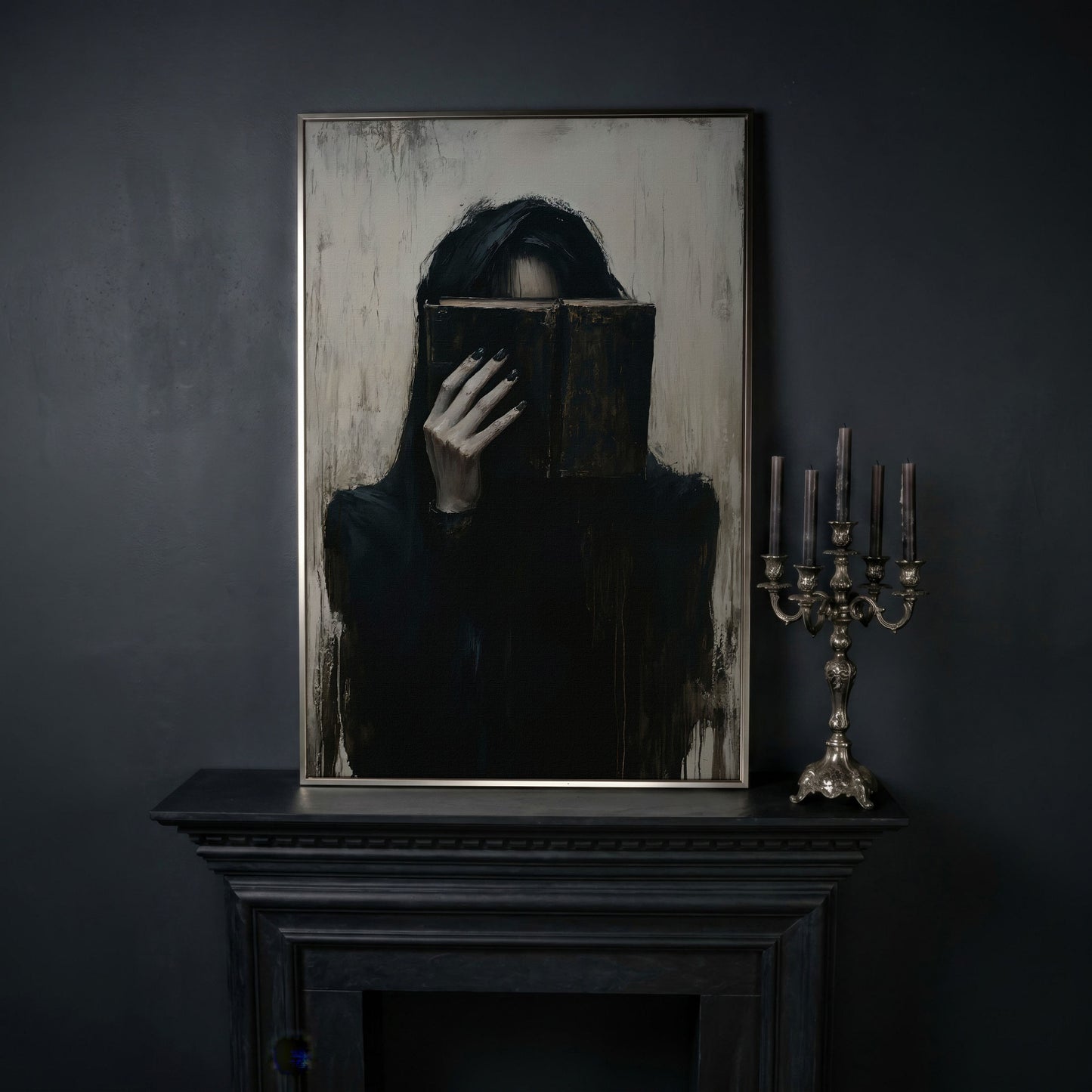 Gothic Girl with Old Book Canvas Wall Art, Dark Academic Decor in silver floating frame