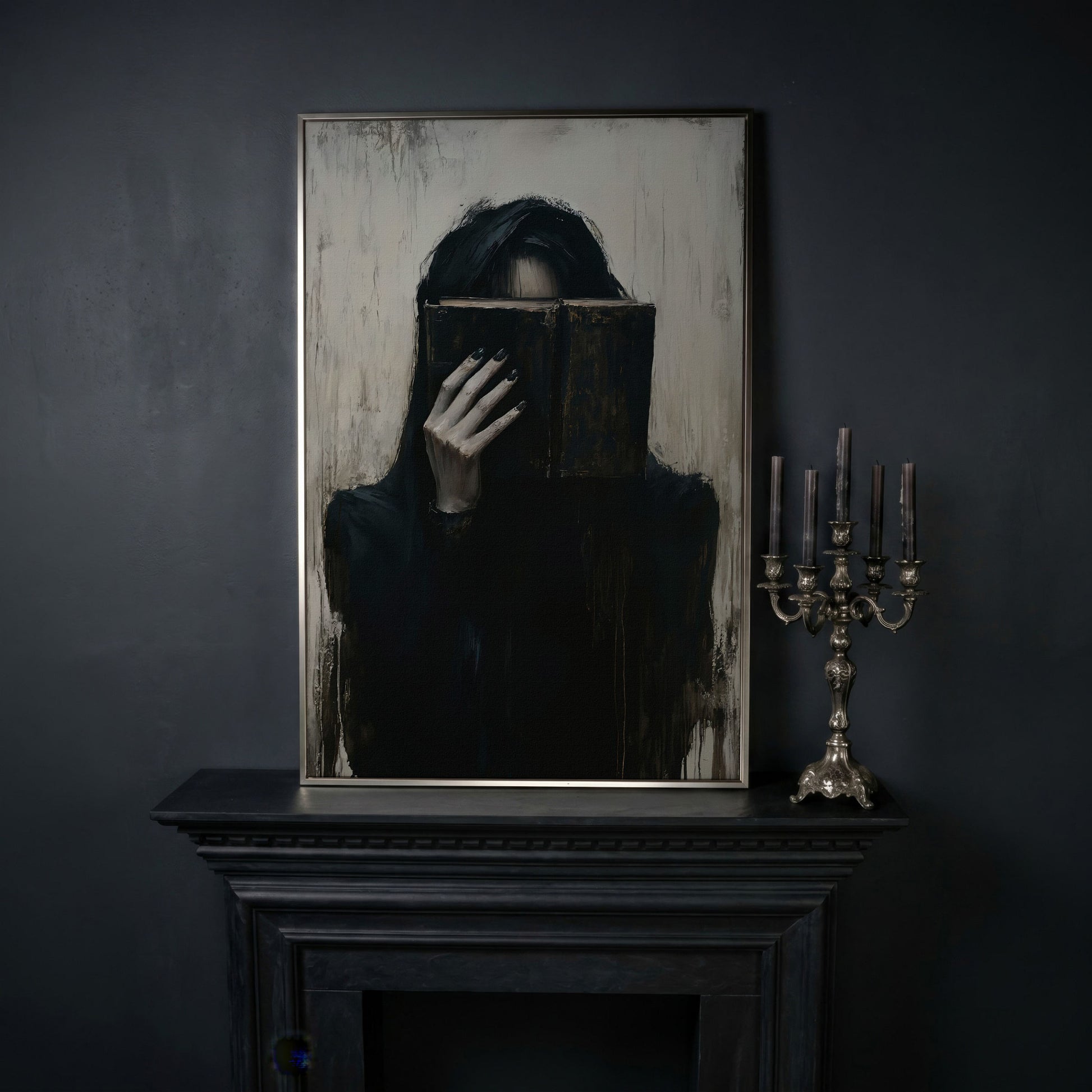 Gothic Girl with Old Book Canvas Wall Art, Dark Academic Decor in silver floating frame