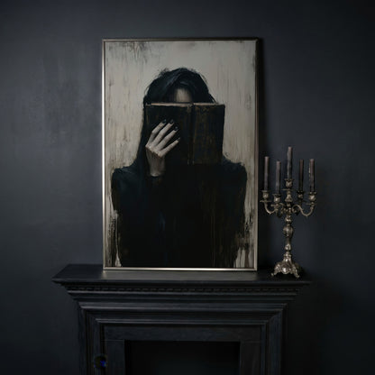 Gothic Girl with Old Book Canvas Wall Art, Dark Academic Decor in silver floating frame