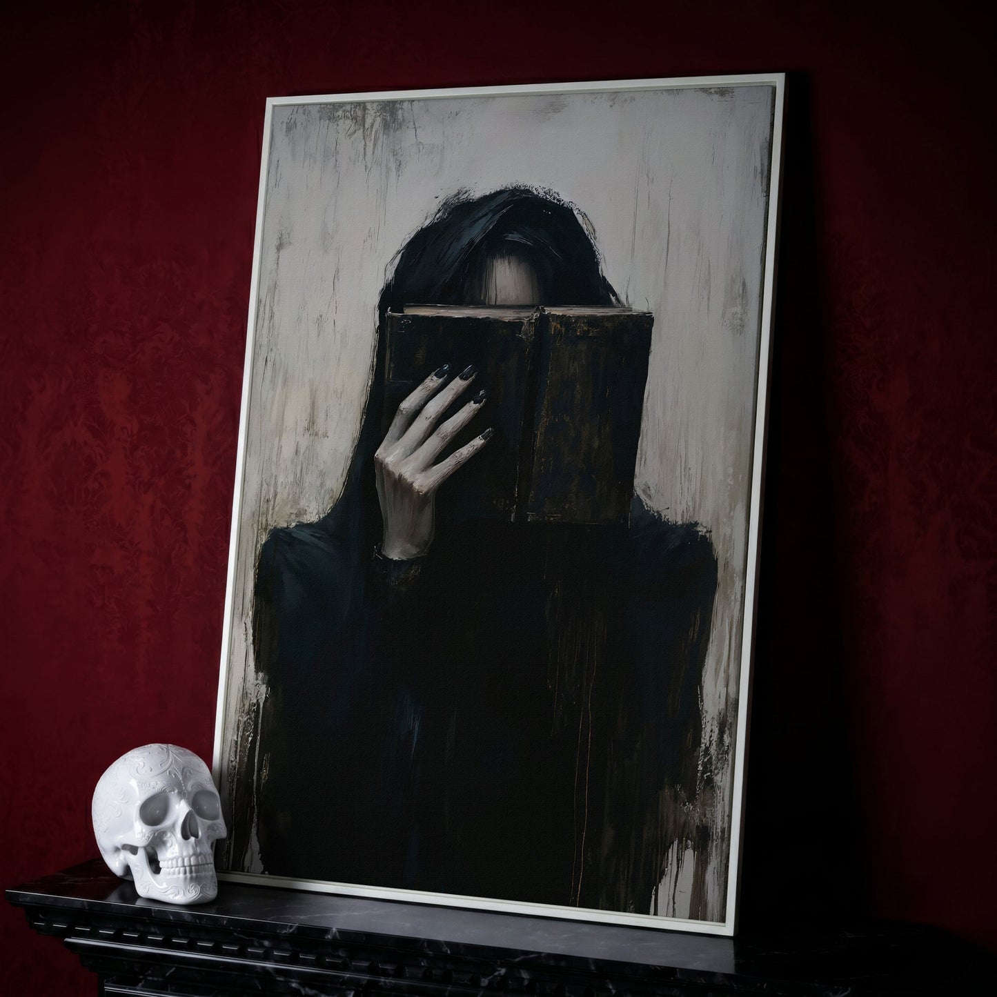 Gothic Girl with Old Book Canvas Wall Art, Dark Academic Decor in white floating frame