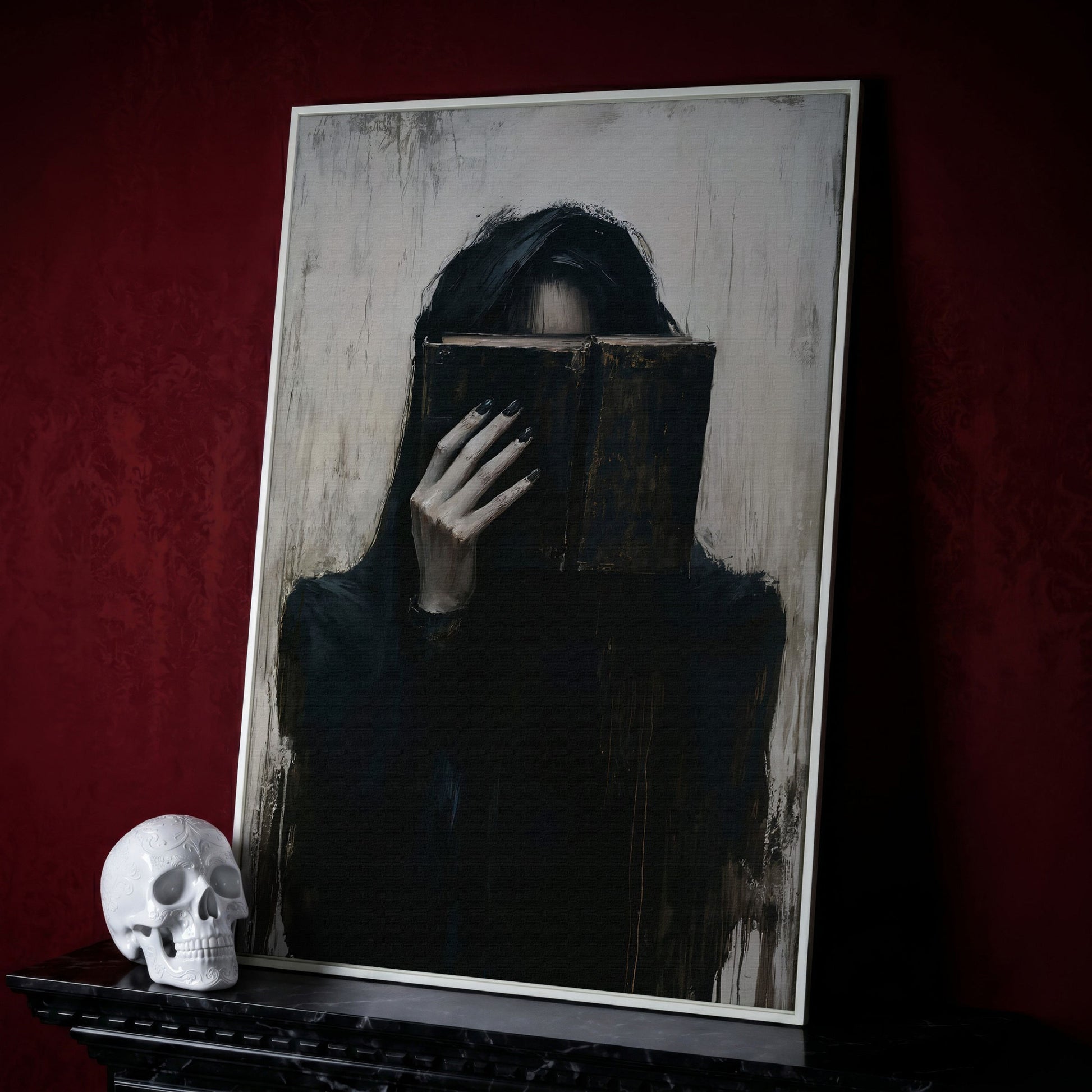 Gothic Girl with Old Book Canvas Wall Art, Dark Academic Decor in white floating frame