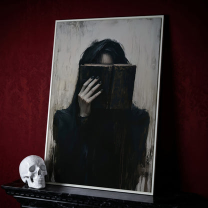 Gothic Girl with Old Book Canvas Wall Art, Dark Academic Decor in white floating frame