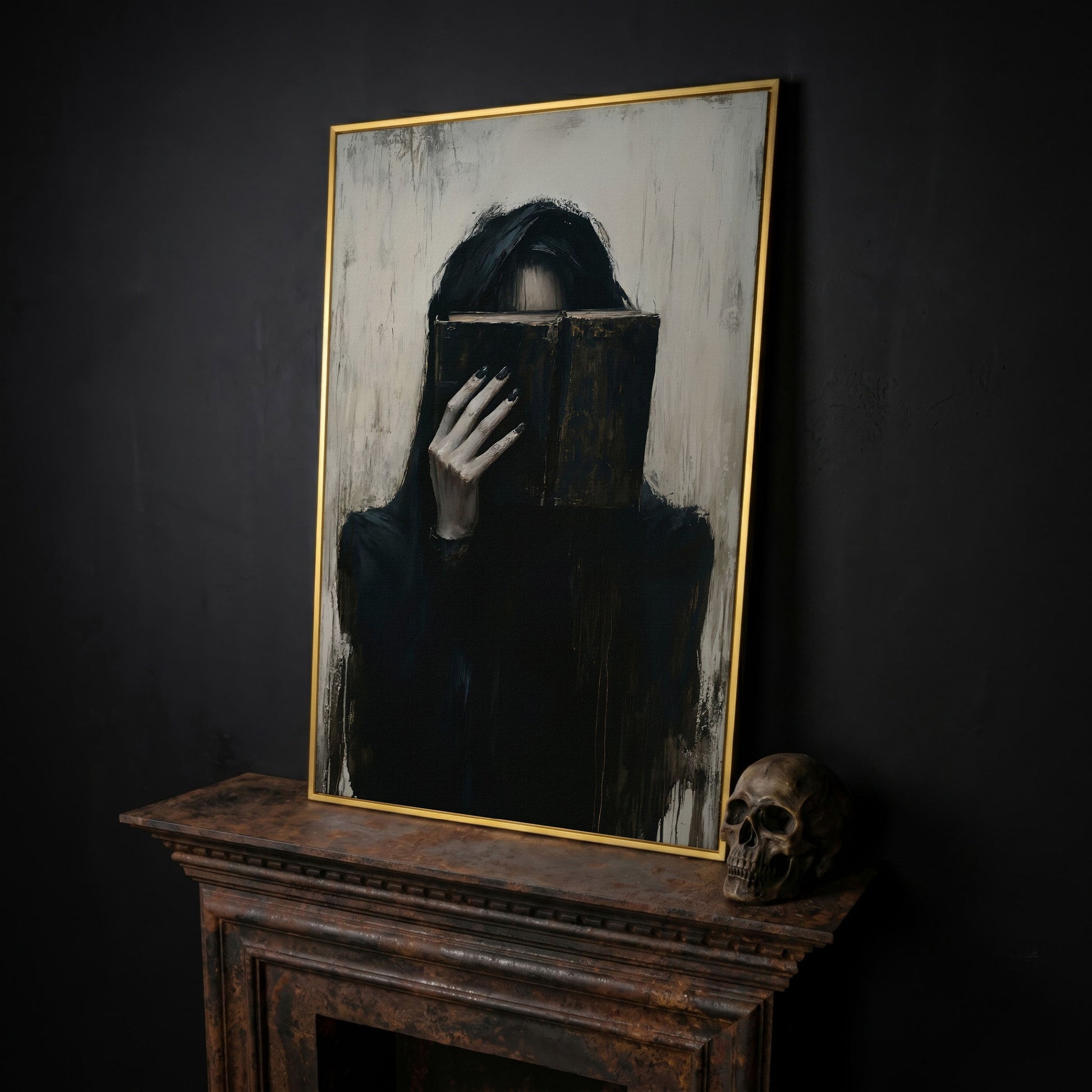 Gothic Girl with Old Book Canvas Wall Art, Dark Academic Decor in yellow gold floating frame