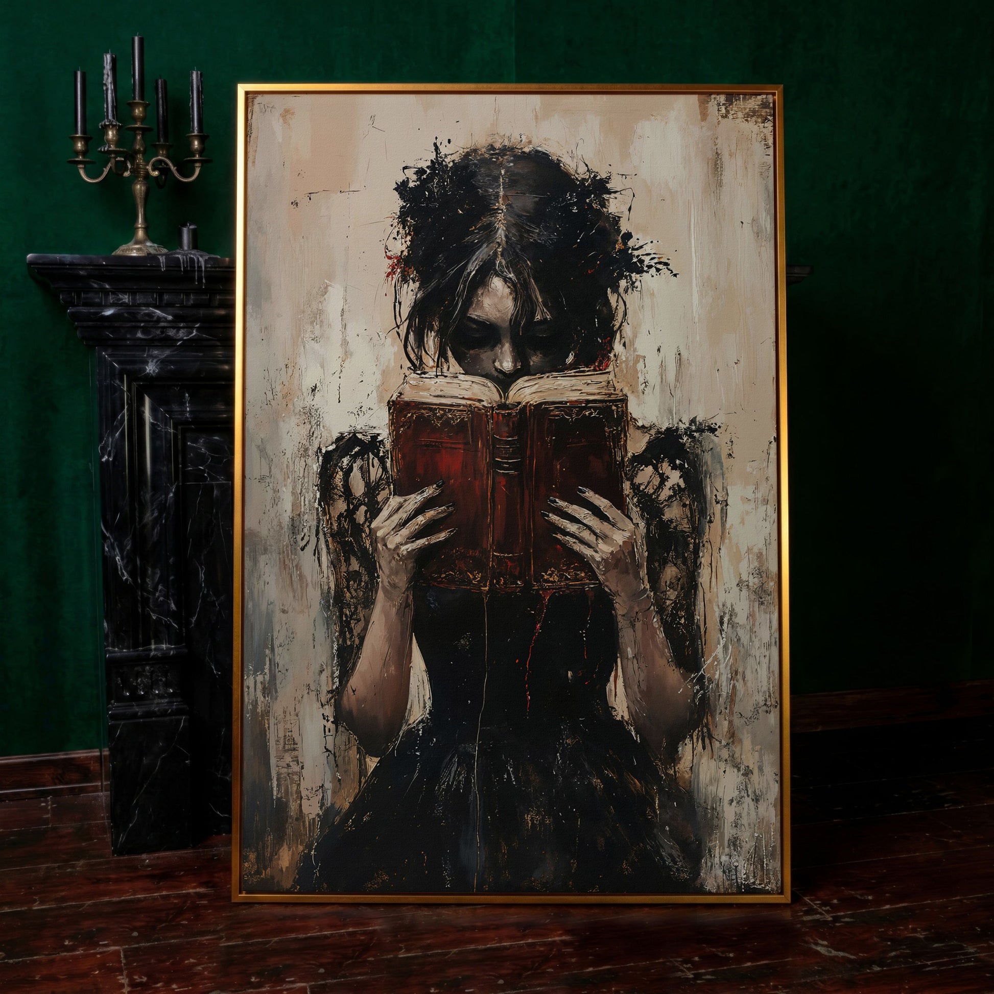 Woman Reading a Vintage Book, Dark Academic Canvas Wall Art in antique gold floating frame