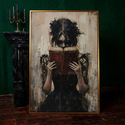 Woman Reading a Vintage Book, Dark Academic Canvas Wall Art in antique gold floating frame