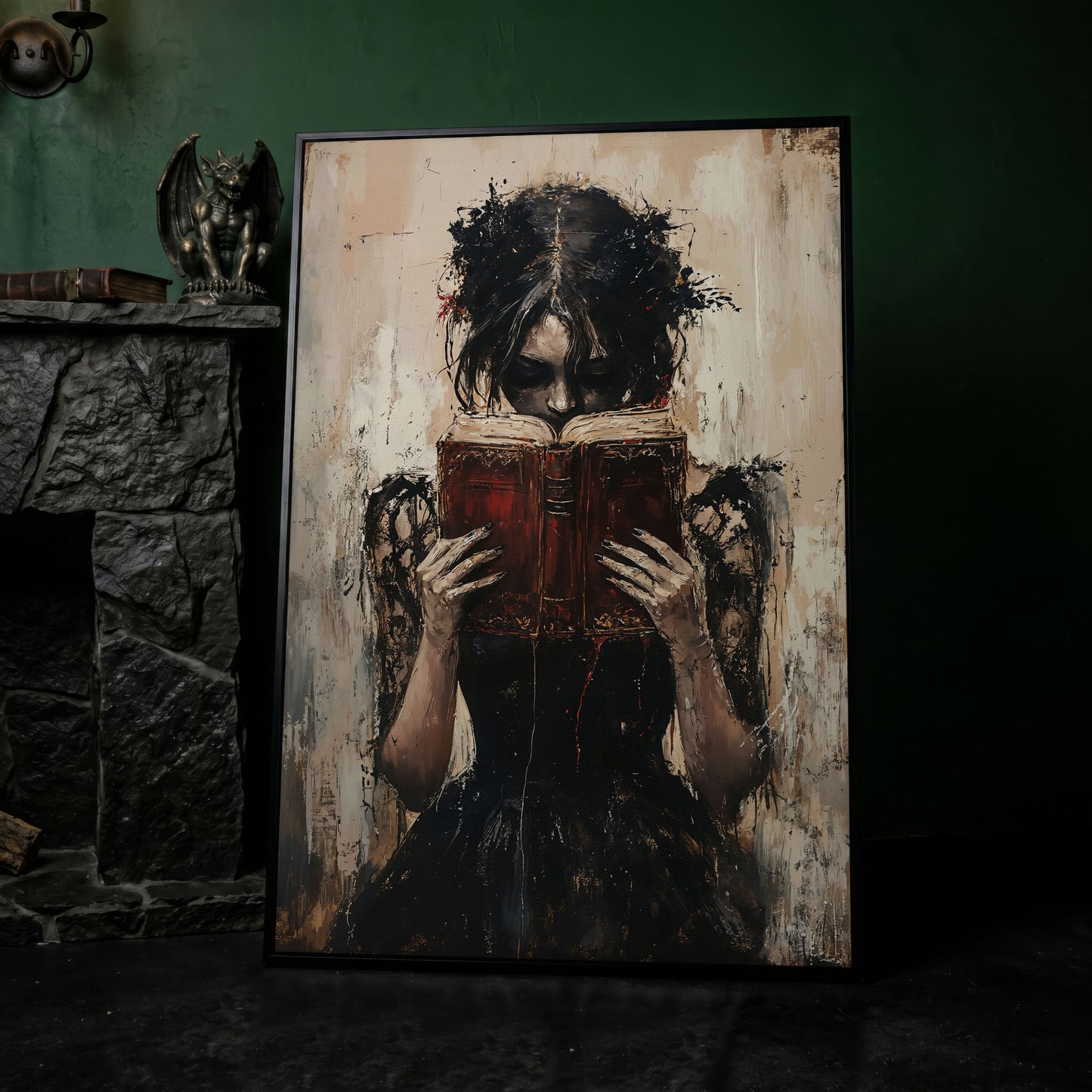 Woman Reading a Vintage Book, Dark Academic Canvas Wall Art in black floating frame