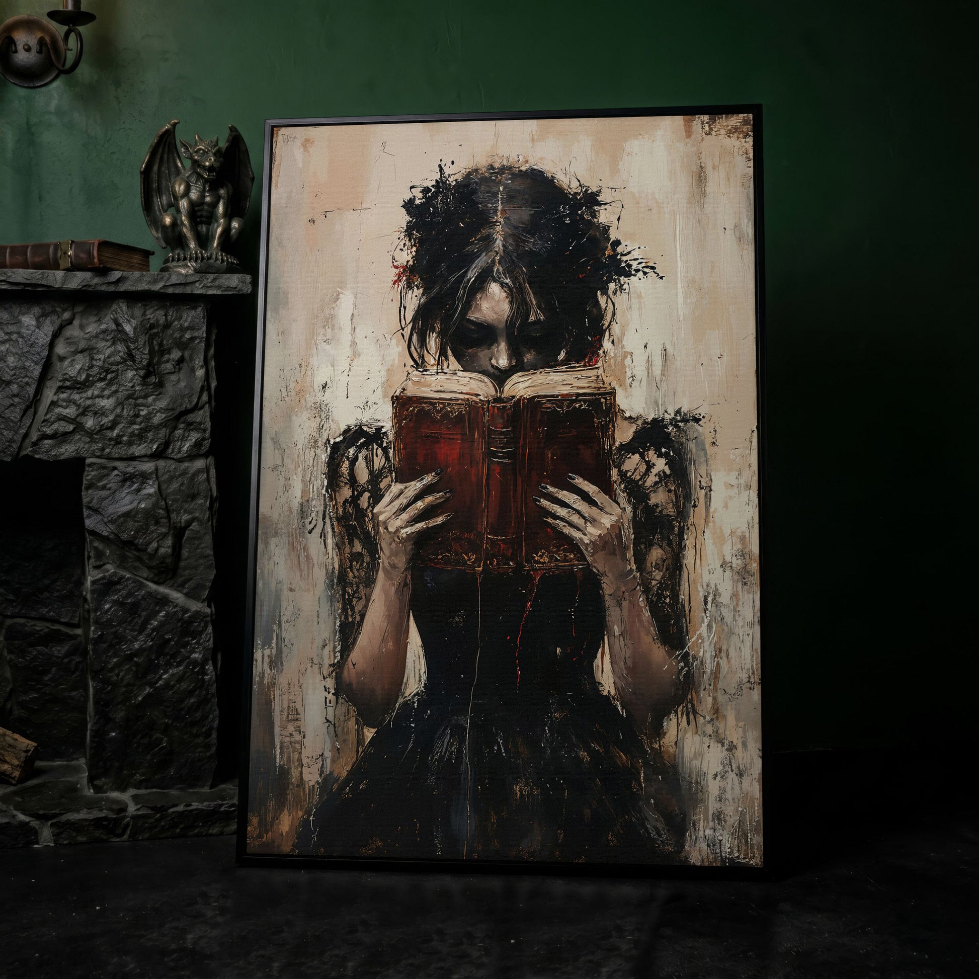 Woman Reading a Vintage Book, Dark Academic Canvas Wall Art in black floating frame