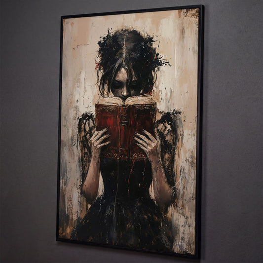 Woman Reading a Vintage Book, Dark Academic Canvas Wall Art shown in black floating frame