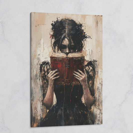 Woman Reading a Vintage Book, Dark Academic Canvas Wall Art on gallery wrap