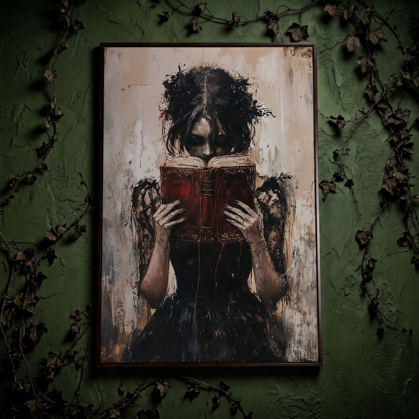 Woman Reading a Vintage Book, Dark Academic Canvas Wall Art in dark walnut floating frame
