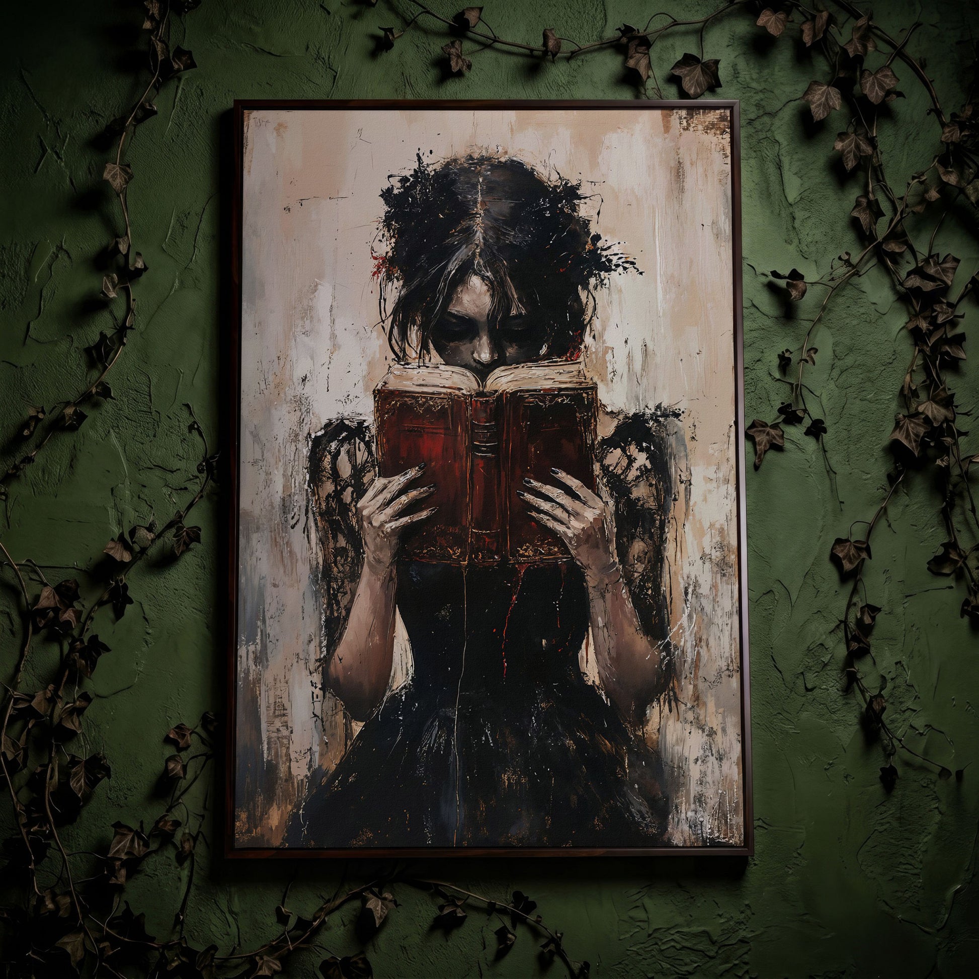 Woman Reading a Vintage Book, Dark Academic Canvas Wall Art in dark walnut floating frame
