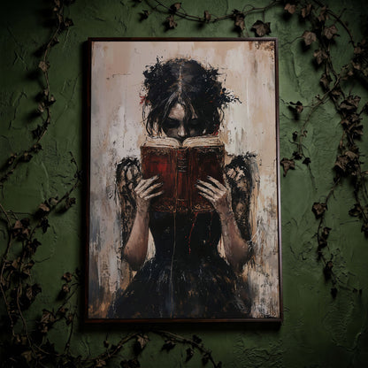 Woman Reading a Vintage Book, Dark Academic Canvas Wall Art in dark walnut floating frame