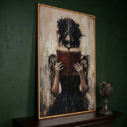 Woman Reading a Vintage Book, Dark Academic Canvas Wall Art in white oak floating frame